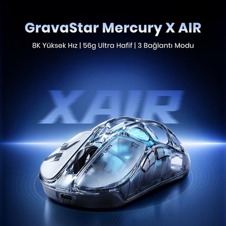 GravaStar Mercury X Air RGB 32.000 Dpi Optik Gaming Mouse, 8KHz Dongle, Kablosuz, Onyx Crystal