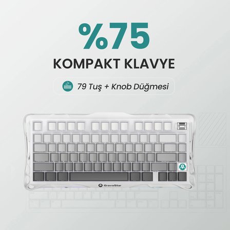 GravaStar Mercury K1 RGB Kablosuz Mekanik Gaming Klavye, Alüminyum Çerçeveli, İngilizce Q, Beyaz