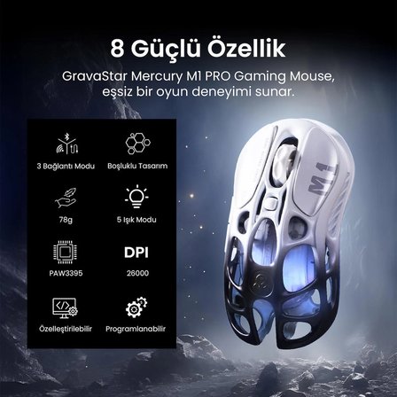 Gravastar Mercury M1 Pro RGB 26K DPI Optik Gaming Mouse, Kablosuz, Magnezyum Alaşımlı, Programlanabilir 5 Tuşlu, Siyah-Beyaz
