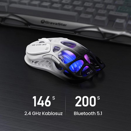 Gravastar Mercury M1 Pro RGB 26K DPI Optik Gaming Mouse, Kablosuz, Magnezyum Alaşımlı, Programlanabilir 5 Tuşlu, Siyah-Beyaz
