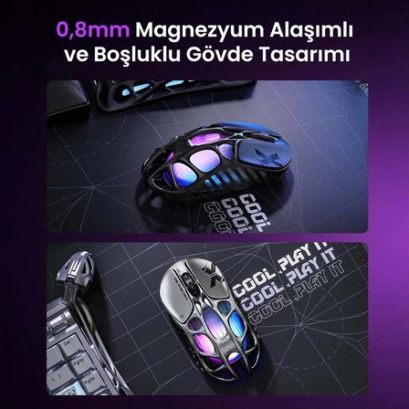 GravaStar Mercury XPro RGB 32K DPI Optik Gaming Mouse+8K Dongle, Kablosuz, Magnezyum Alaşımlı, Programlanabilir 5 Tuşlu, Siyah