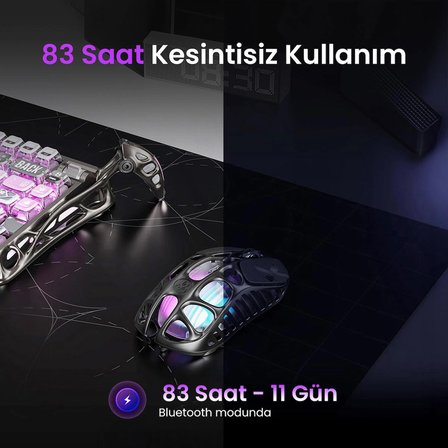GravaStar Mercury X RGB 32K DPI Optik Gaming Mouse, Kablosuz, Magnezyum Alaşımlı, Programlanabilir 5 Tuşlu, Uzay Gri