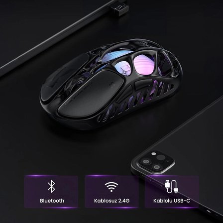 GravaStar Mercury X RGB 32K DPI Optik Gaming Mouse, Kablosuz, Magnezyum Alaşımlı, Programlanabilir 5 Tuşlu, Uzay Gri