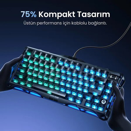 GravaStar Mercury V75 HE Hall Effect Manyetik Switch Gaming Klavye, Hot-Swappable, Rapid Trigger, 8000Hz, 0.125ms Ultra Düşük Gecikme, Kablolu, RGB Işıklı, İngilizce Q, Stealth Black