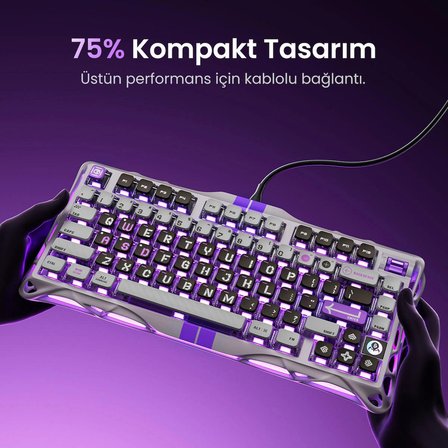 GravaStar Mercury V75 HE Hall Effect Manyetik Switch Gaming Klavye, Hot-Swappable, Rapid Trigger, 8000Hz, 0.125ms Ultra Düşük Gecikme, Kablolu, RGB Işıklı, İngilizce Q, Mecha Gray