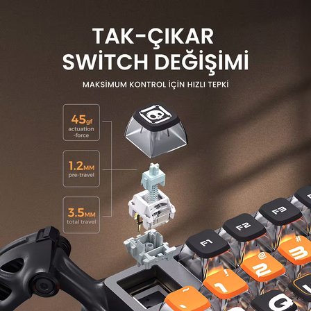 GravaStar Mercury K1 Pro RGB Kablosuz Mekanik Gaming Klavye, Alüminyum Çerçeveli, İngilizce Q, CyberFlare