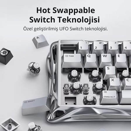 GravaStar Mercury V60 Pro Hall Effect Manyetik Switch Gaming Klavye, Hot-Swappable, Rapid Trigger, 8000Hz, 0.125ms Ultra Düşük Gecikme, Kablolu, RGB Işıklı, İngilizce Q, Chrome Silver