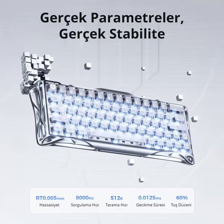 GravaStar Mercury V60 Pro Hall Effect Manyetik Switch Gaming Klavye, Hot-Swappable, Rapid Trigger, 8000Hz, 0.125ms Ultra Düşük Gecikme, Kablolu, RGB Işıklı, İngilizce Q, Chrome Silver