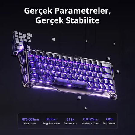 GravaStar Mercury V60 Pro Hall Effect Manyetik Switch Gaming Klavye, Hot-Swappable, Rapid Trigger, 8000Hz, 0.125ms Ultra Düşük Gecikme, Kablolu, RGB Işıklı, İngilizce Q, GunMetal