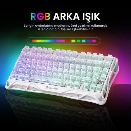 GravaStar Mercury K1 Lite RGB Kablosuz Mekanik Gaming Klavye, Türkçe Q, Crystal Aurora
