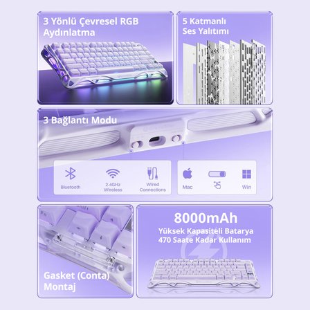 GravaStar Mercury K1 RGB Kablosuz Mekanik Gaming Klavye, İngilizce Q, Lavender Purple