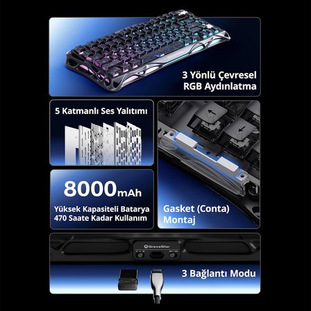 GravaStar Mercury K1 RGB Kablosuz Mekanik Gaming Klavye, İngilizce Q, Stealth Black