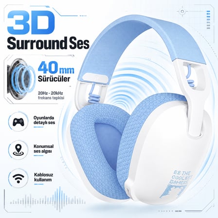ONIKUMA B2 White-Blue PS5 Uyumlu 3D Surround Kablosuz Gaming Kulaklık