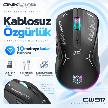 ONIKUMA CW917 Black RGB Kablosuz Simetrik Gaming Mouse