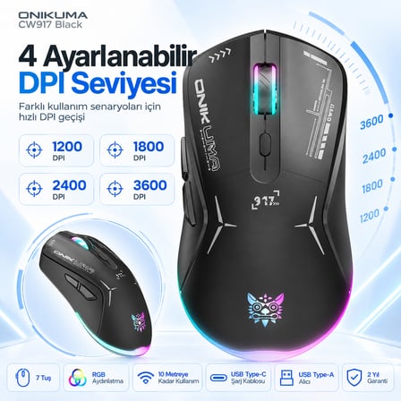 ONIKUMA CW917 Black RGB Kablosuz Simetrik Gaming Mouse