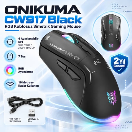 ONIKUMA CW917 Black RGB Kablosuz Simetrik Gaming Mouse