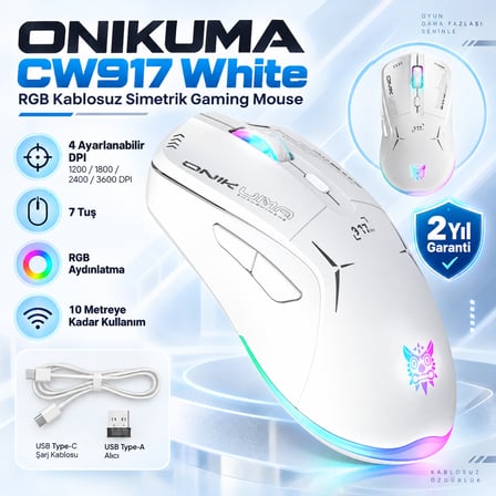 ONIKUMA CW917 White RGB Kablosuz Simetrik Gaming Mouse