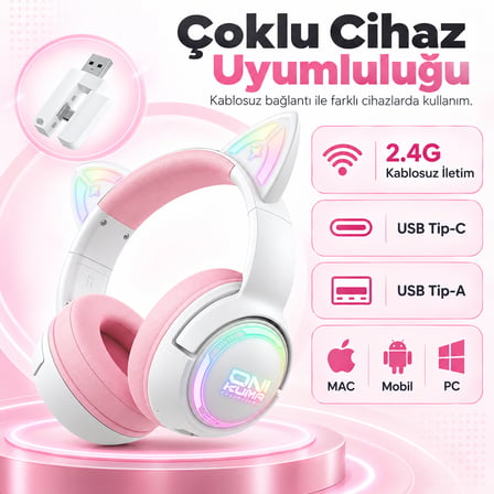 ONIKUMA GT838 Pink RGB Kablosuz Gaming Kulaklık