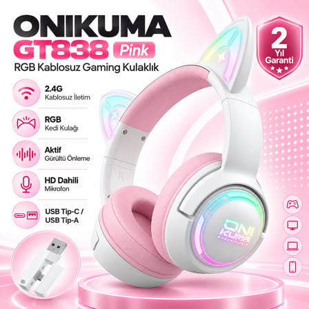 ONIKUMA GT838 Pink RGB Kablosuz Gaming Kulaklık