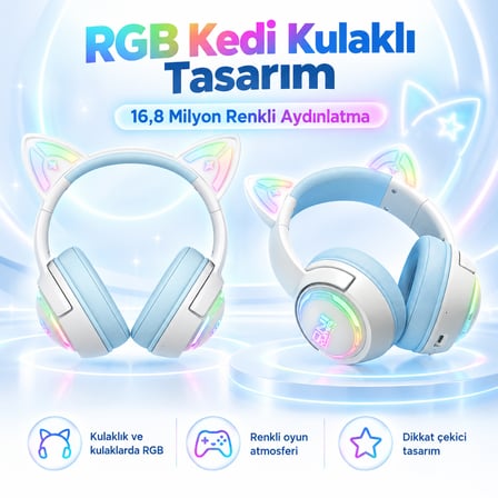 ONIKUMA GT838 Blue RGB Kablosuz Gaming Kulaklık