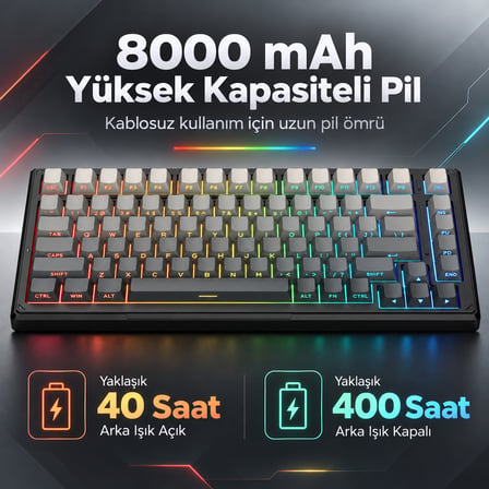 ONIKUMA G83 Gradient Gray-Black %75 Outemu Customized Linear Switch Hotswap RGB Kablosuz İngilizce Mekanik Gaming Klavye