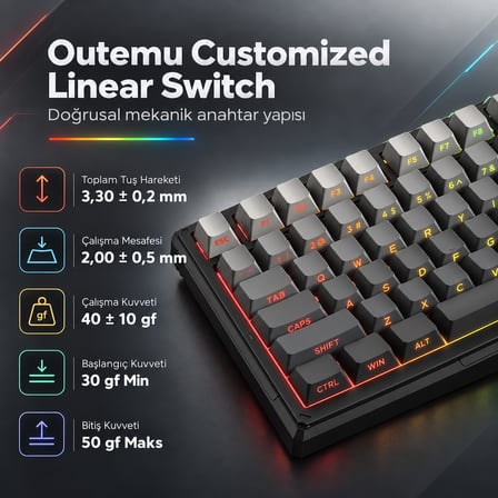 ONIKUMA G83 Gradient Gray-Black %75 Outemu Customized Linear Switch Hotswap RGB Kablosuz İngilizce Mekanik Gaming Klavye
