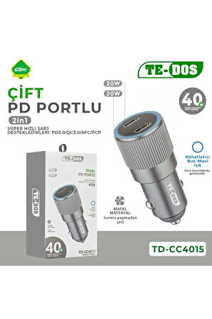 Elmalı Store -- TE-DOS TYPE-C 2 n1 - 40W ARAÇ ŞARJ CİHAZI TD-CC4015