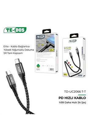 TE DOS Te-dos 60w Quick Fast Hızlı Pd Type-C & Type-c İPhone Android Macbook Uyumlu Veri Data Aktarım Şarj Kab