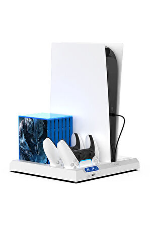İpega  PS5 Slim Dijital/PS5 Slim Disk Multifonksiyonel Şarjlı,Soğutucu Fanlı,VR Standlı Cd Raf Stand