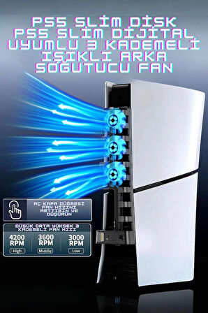 PG-P5S005 PS5 Slim Disk-PS5 Slim Dijital Uyumlu 3 Kademeli LED Işıklı Arka Soğutucu Fan