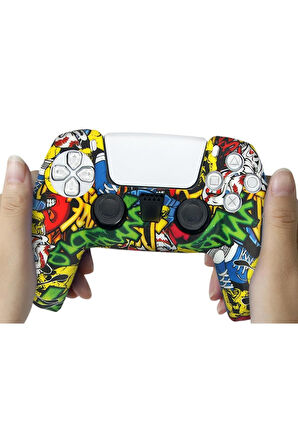 PS5 Dualsense Grafiti Temalı Koruyucu Silikon Kılıf + Analog silikon Koruyucu