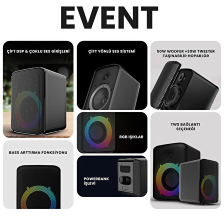 HiFuture Event RGB Bluetooth 5.0 80W IPX4 Parti Hoparlörü