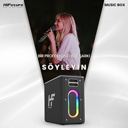 HiFuture MusicBox Bluetooth 5.0 IPX4 Su Geçirmez RGB Aydınlatmalı 100W TWS Çift Modlu EQ Bass Boost & 3D Çift Mikrofonlu Taşınabilir Karaoke Sistemi Kablosuz Hoparlör Siyah