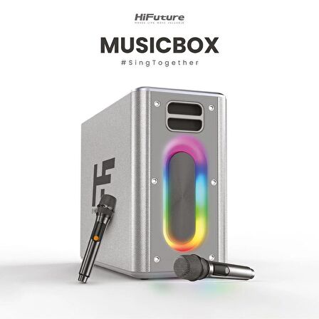 HiFuture MusicBox Bluetooth 5.0 IPX4 Su Geçirmez RGB Aydınlatmalı 100W TWS Çift Modlu EQ Bass Boost & 3D Çift Mikrofonlu Taşınabilir Karaoke Sistemi Kablosuz Hoparlör Gümüş