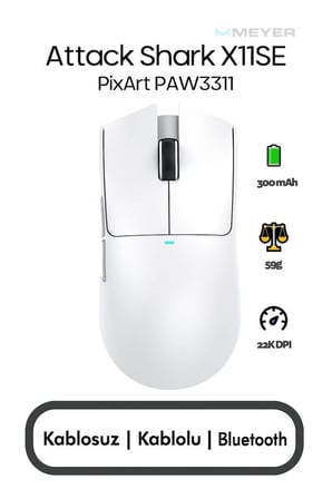 Attack Shark X11 Beyaz Şarjlı Makrolu Ergonomik Optik Kablolu/Kablosuz Oyuncu Mouse Outlet