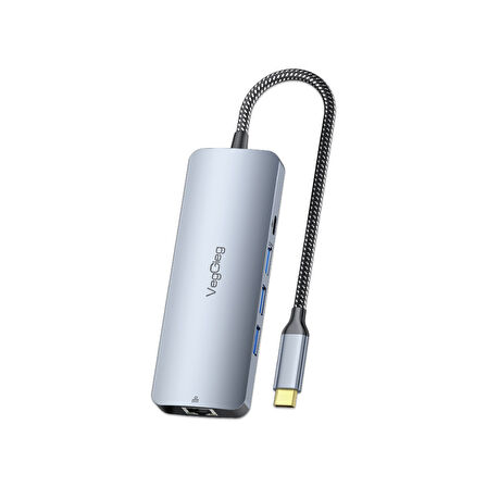 Veggieg 4K 60Hz HDMI Gigabit Ethernet 3*USB-A 2*Type-C 3.5mm Aux SD Micro SD Kart Okuyucu Çevirici Çoklayıcı Hub