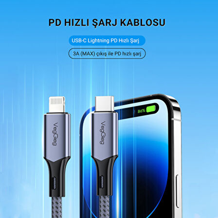Veggieg 27W 3A USB Type-C to Lightning iPhone iPad Hızlı Şarj ve Data Kablosu 2 Metre