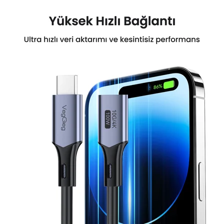 VegGieg USB 3.2 Gen 2 Type-C Uzatma Kablosu USB-C 100W 10Gbps 4K 60Hz 2 Metre