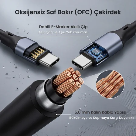 VegGieg 100W 5A USB 3.2 Gen2 20 Gbps 8K 60Hz Type-C Görüntü Şarj ve Data Kablosu 2 Metre