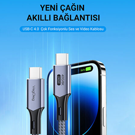 Veggieg USB 4.0 E-Mark 240W 40Gbps Thunderbolt 4 8K 60Hz Type-C Görüntü Hızlı Şarj ve Data Kablosu 2 Metre