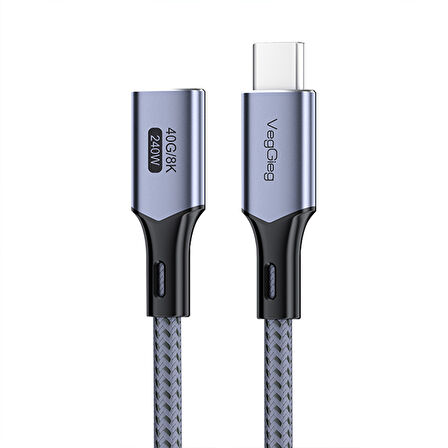 Veggieg USB 4.0 E-Mark 240W 40Gbps Thunderbolt 4 8K 60Hz Type-C Uzatma Kablosu 50 CM