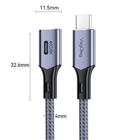 Veggieg USB 4.0 E-Mark 240W 40Gbps Thunderbolt 4 8K 60Hz Type-C Uzatma Kablosu 50 CM