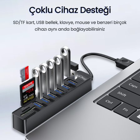 VegGieg USB 2.0 SD MicroSD Kart Okuyucu ve 6 Port USB Çoklayıcı Hub