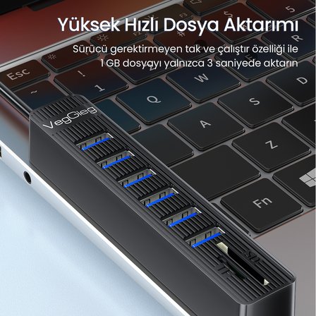 VegGieg USB 2.0 SD MicroSD Kart Okuyucu ve 6 Port USB Çoklayıcı Hub