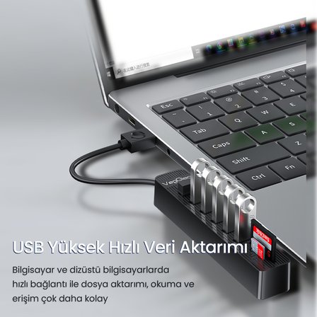 VegGieg USB 2.0 SD MicroSD Kart Okuyucu ve 6 Port USB Çoklayıcı Hub