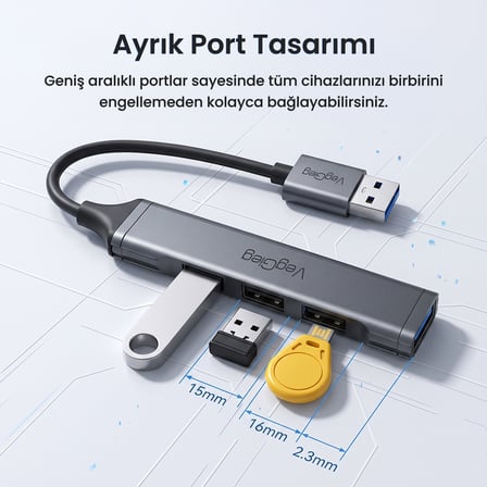 VegGieg 4 Portlu USB-A to USB 3.0 + 3*USB 2.0 Çoklayıcı Dönüştürücü USB Hub