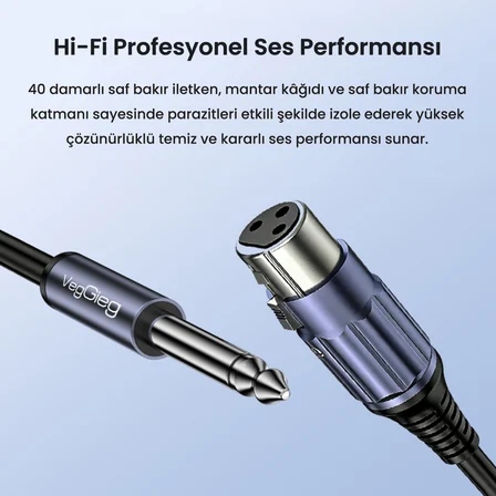 VegGieg 6.35mm to XLR Dişi Mikrofon Kablosu Hi-Fi Ses Kalitesi OFC Bakır Enstrüman Ses Kablosu 5 Metre