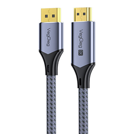 Veggieg DP to HDMI Kablo 8K 60Hz 4K 240Hz HDR 3D 48Gbps Örgülü Displayport to HDMI Kablo 2 Metre