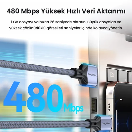 VegGieg USB-A to USB-C 60W 3A Type-C Hızlı Şarj ve Data Kablosu 2 Metre
