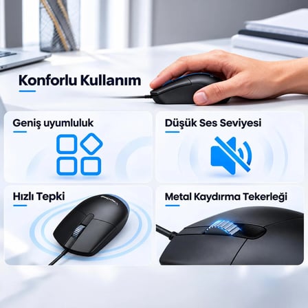 VegGieg G005 Optik 3 Tuşlu Sağ ve Sol Elle Kullanıma Uygun USB Kablolu Mouse Siyah